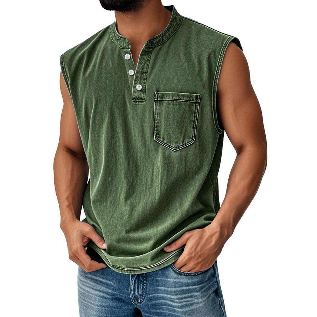 Comfort men's sleeveless shirt, button placket, chest pocket. Versatile summer top, casual and fashionable.