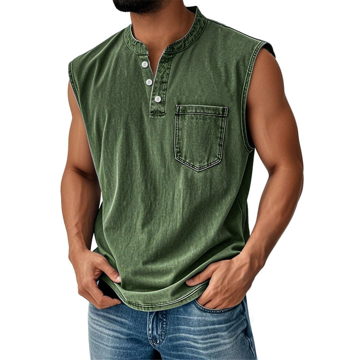 Comfort men's sleeveless shirt, button placket, chest pocket. Versatile summer top, casual and fashionable.