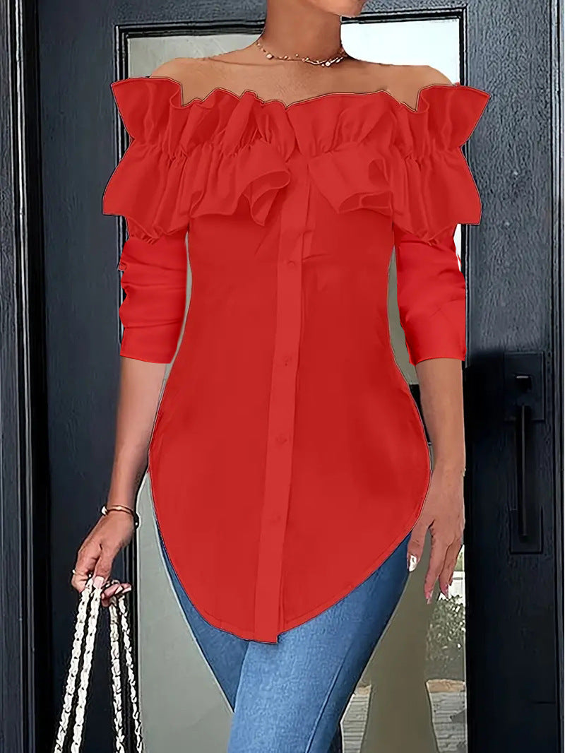 Comfortable & chic women's off-shoulder ruffle blouse, a perfect feminine top for summer casual wear or parties.