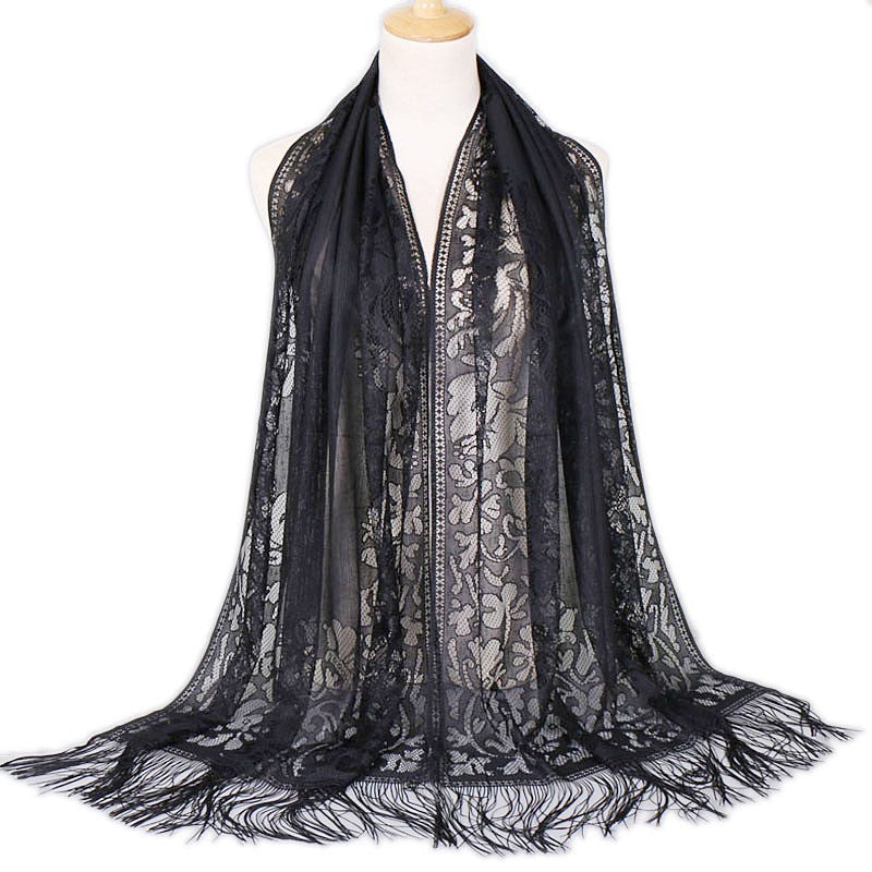 Elegant women's floral lace scarf with delicate fringes, perfect fashion accessory for her.