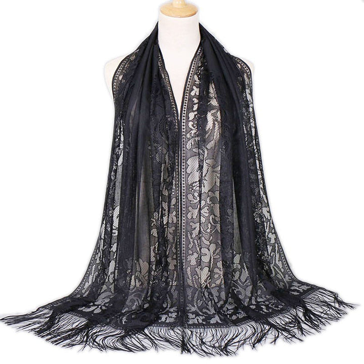 Elegant women's floral lace scarf with delicate fringes, perfect fashion accessory for her.