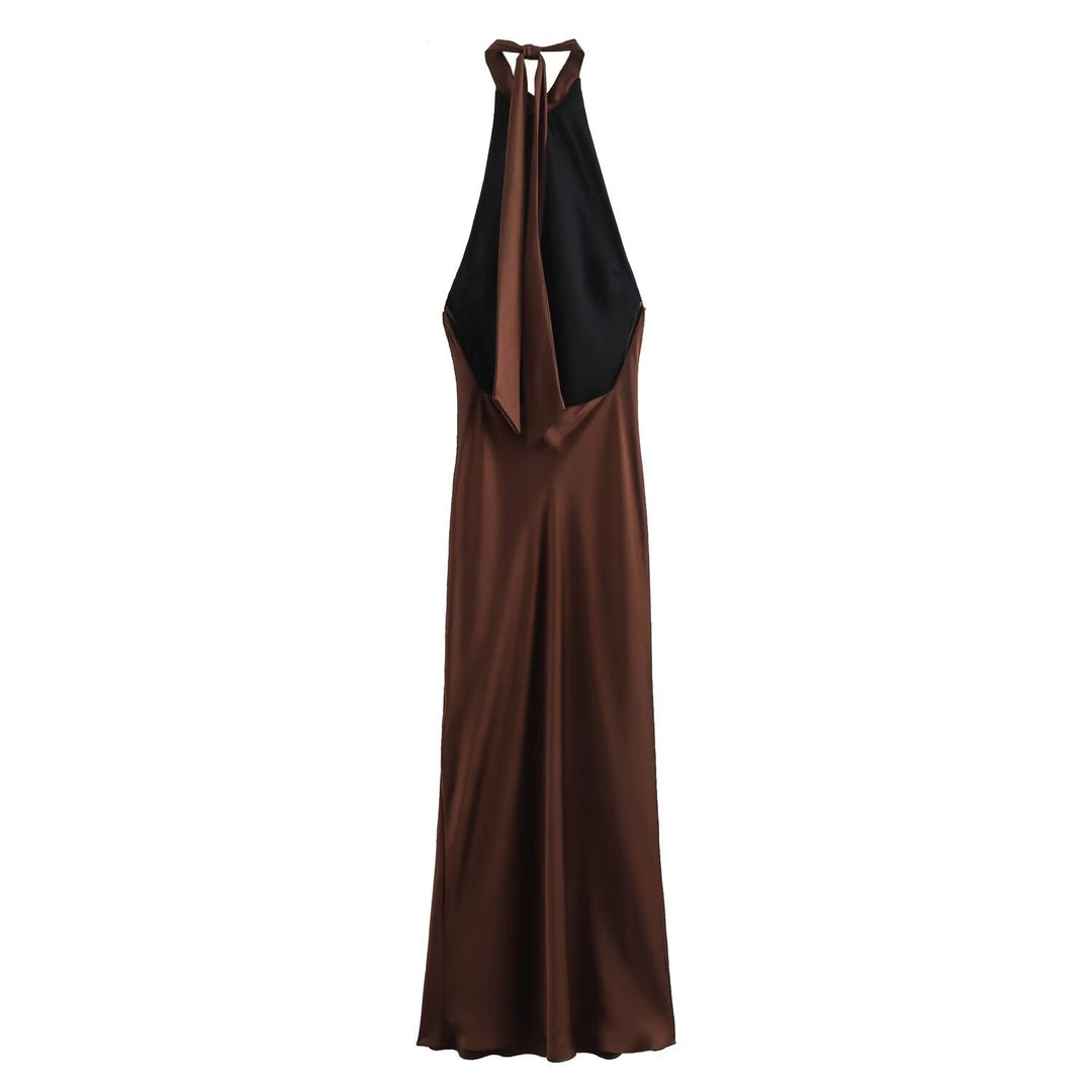 Sophisticated women's elegant mocha midi dress with a stylish halter neckline, ideal for formal wear.