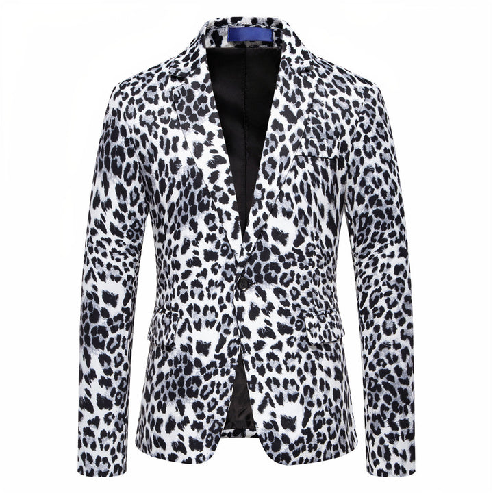 Close-up of a men's stylish leopard pattern suit blazer, showcasing its unique print and tailored design.