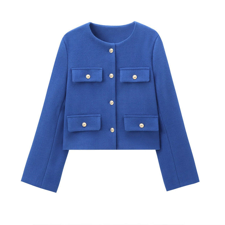 Women's smart casual cropped jacket, tailored fit, gold buttons, long sleeve, modern & sophisticated.