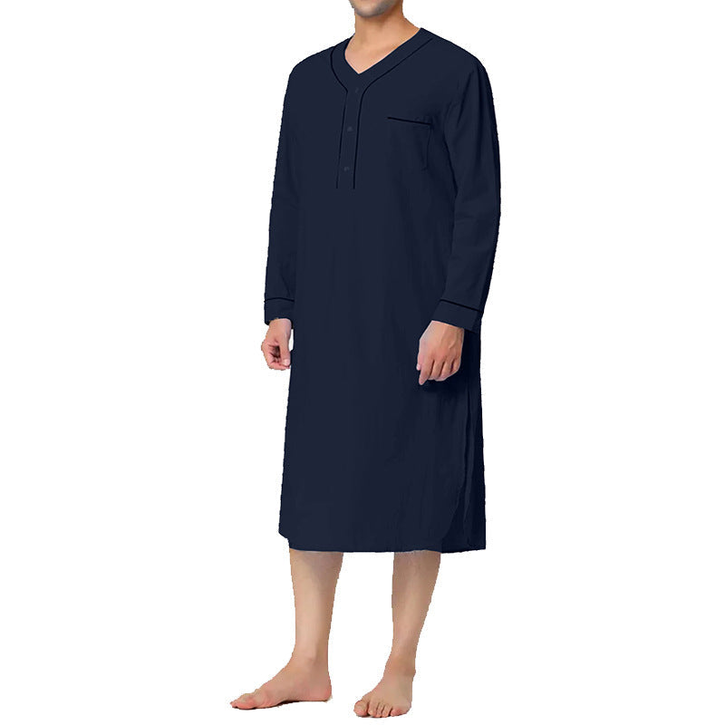 Soft men's loungewear nightgown, perfect for sleep or relaxation. Cotton blend with button placket and practical chest pocket.