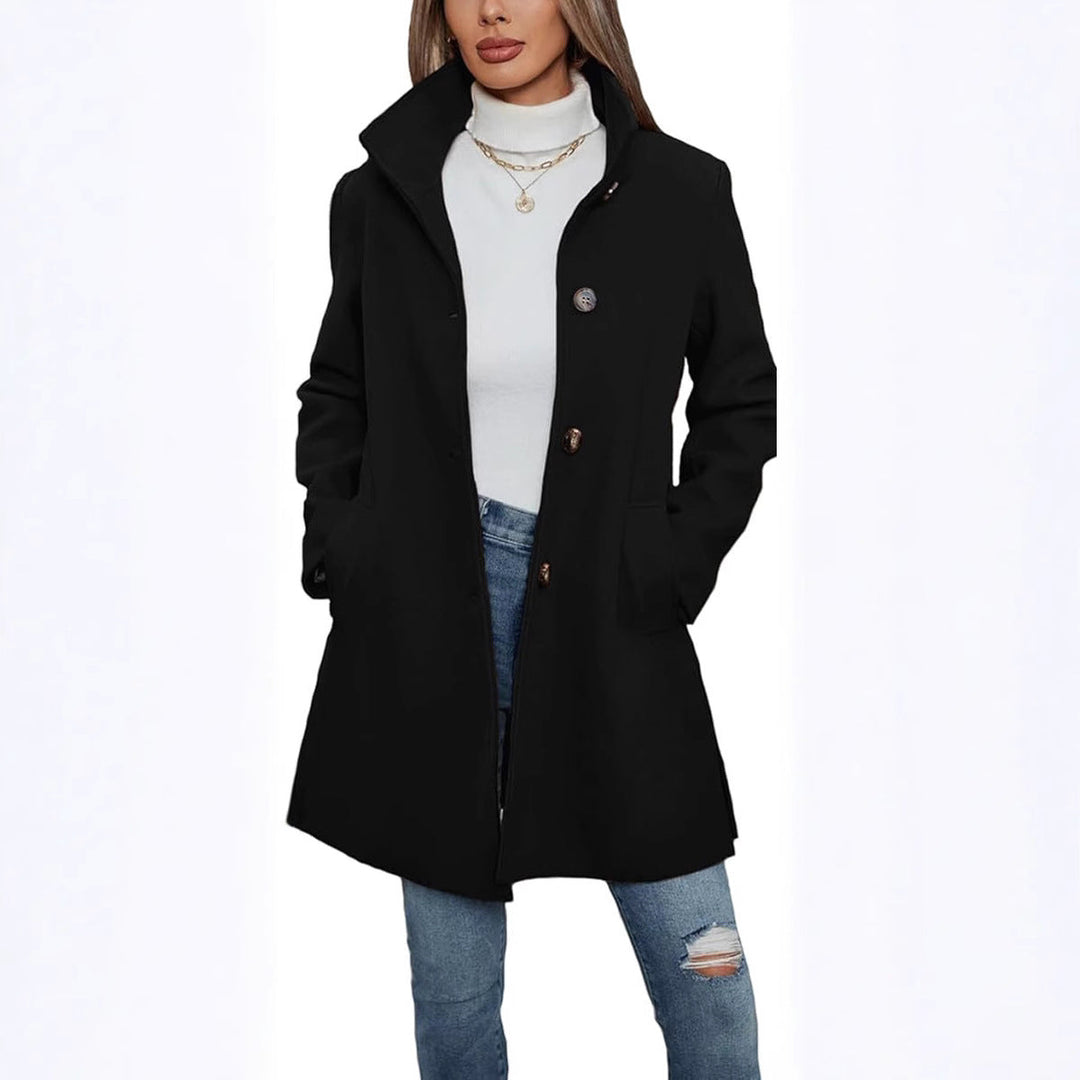 Classic women's long coat, high-collar design, sophisticated autumn/winter fashion with practical pockets.