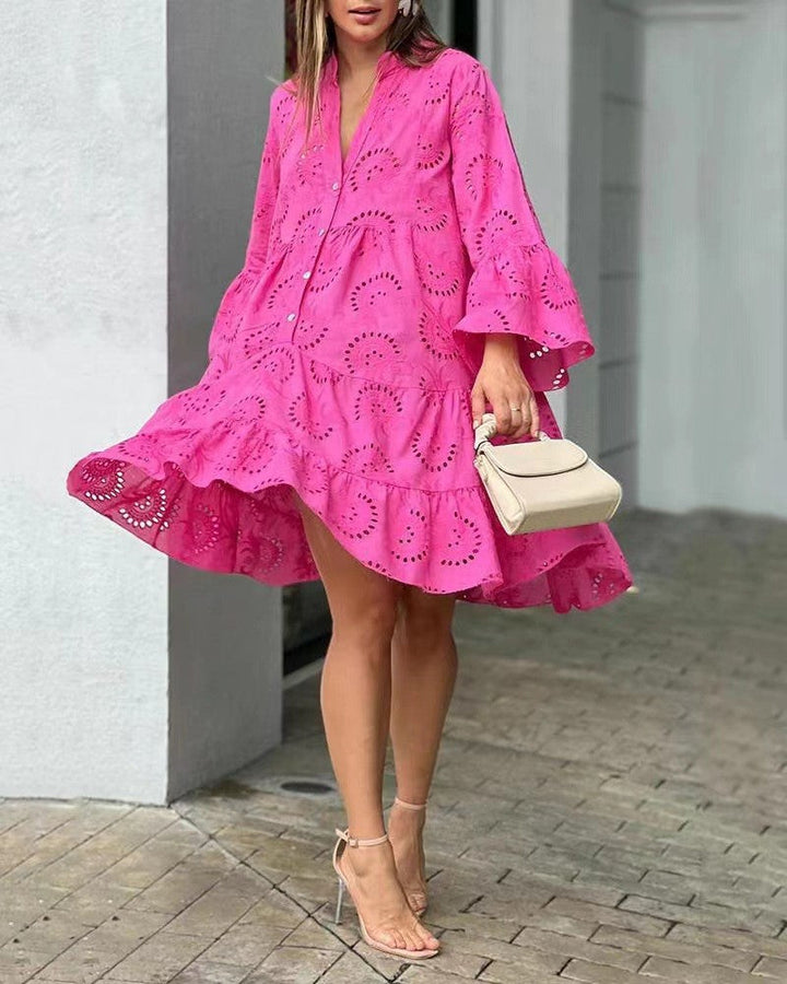 Women's embroidered tiered mini dress with V-neck, bell sleeves, and button front for summer.