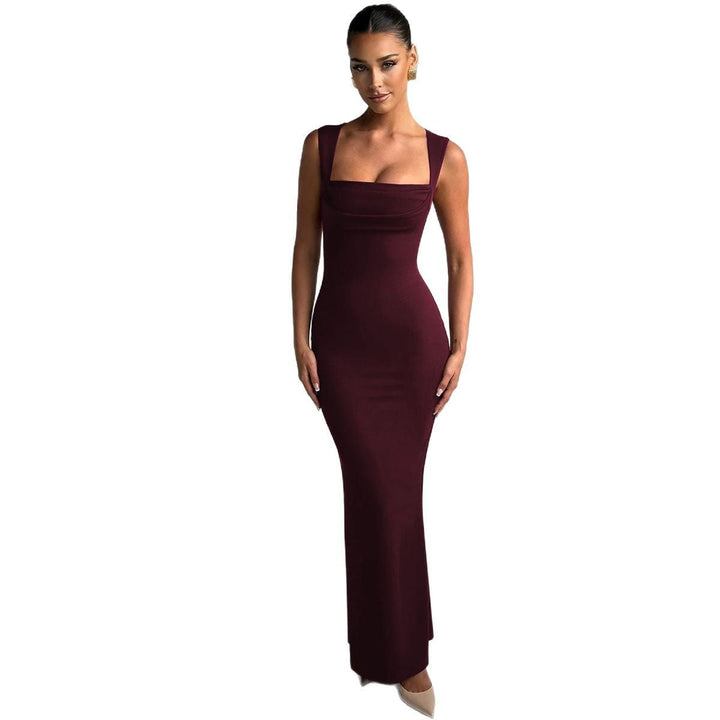 Stylish women's cocktail dress with a flattering square neck and elegant draped bodycon fit, perfect for evenings.