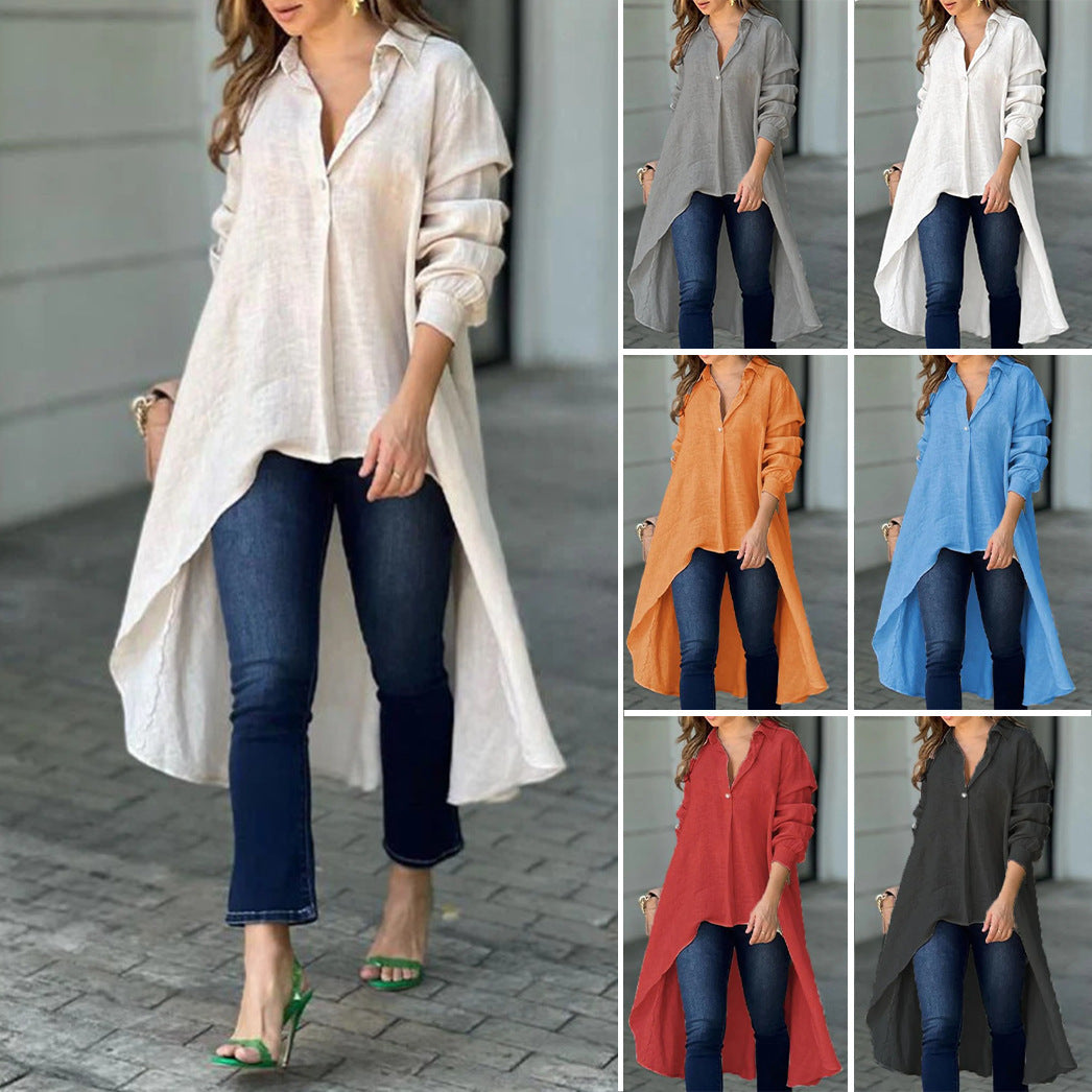 Women's white relaxed fit long blouse, casual summer button-down shirt.