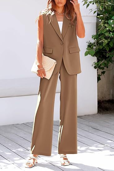 Professional women's sleeveless blazer and wide leg pant suit, designed for comfort and style.