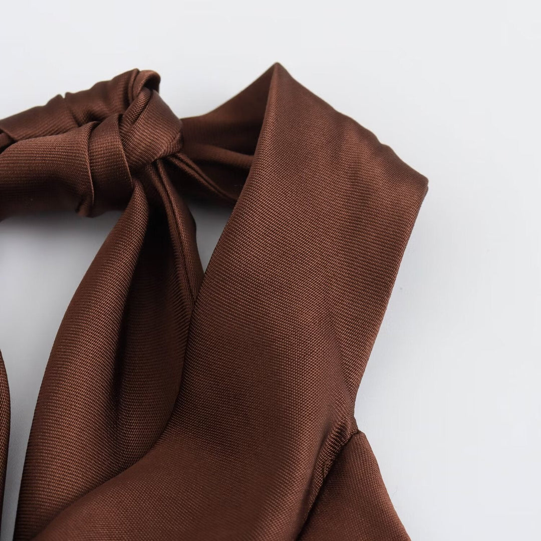 Women's elegant brown midi halter dress, ideal for evening events, formal parties, and special occasions.