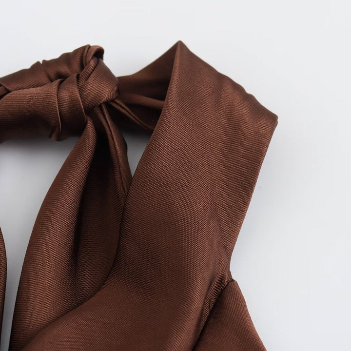 Women's elegant brown midi halter dress, ideal for evening events, formal parties, and special occasions.