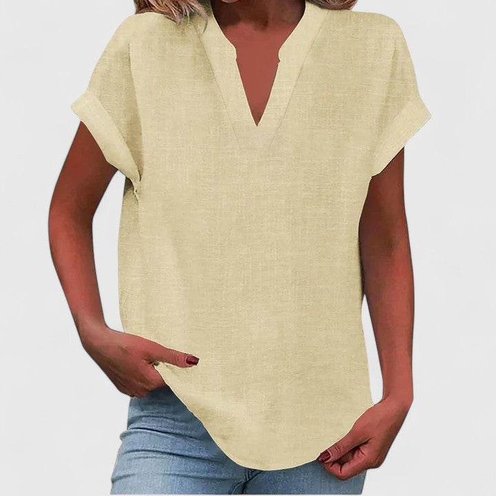 Fashionable short sleeve V-neck top for women, great for daily wear and easy styling.