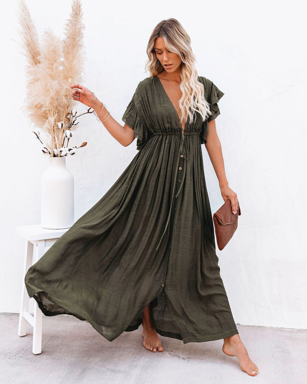 Comfortable one-size women's boho maxi dress with a relaxed draped fit, perfect for warm weather.