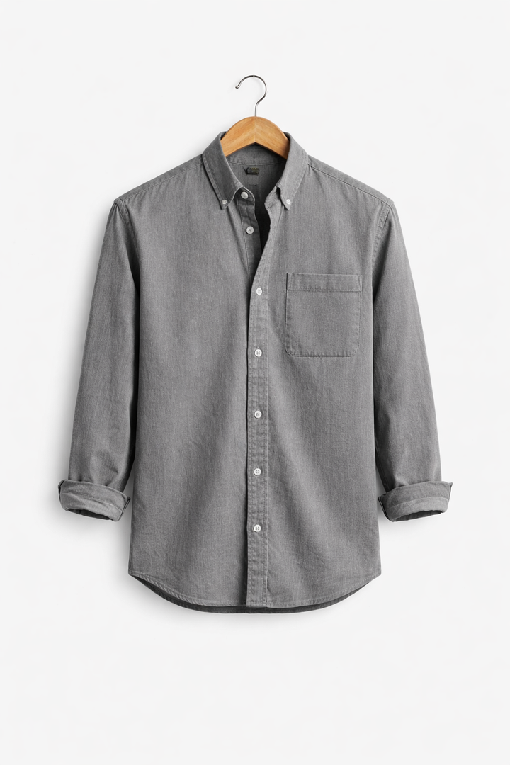 Comfortable men's chambray shirt with a relaxed fit. Ideal long sleeve button-up for everyday style.
