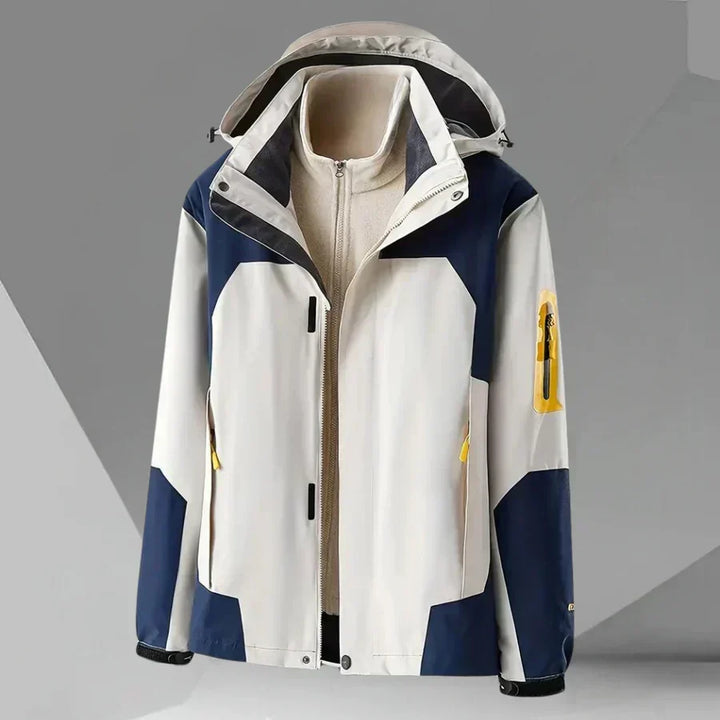 Stylish & comfortable men's hooded rain jacket. Lightweight color block outerwear, ideal for casual transitional weather.