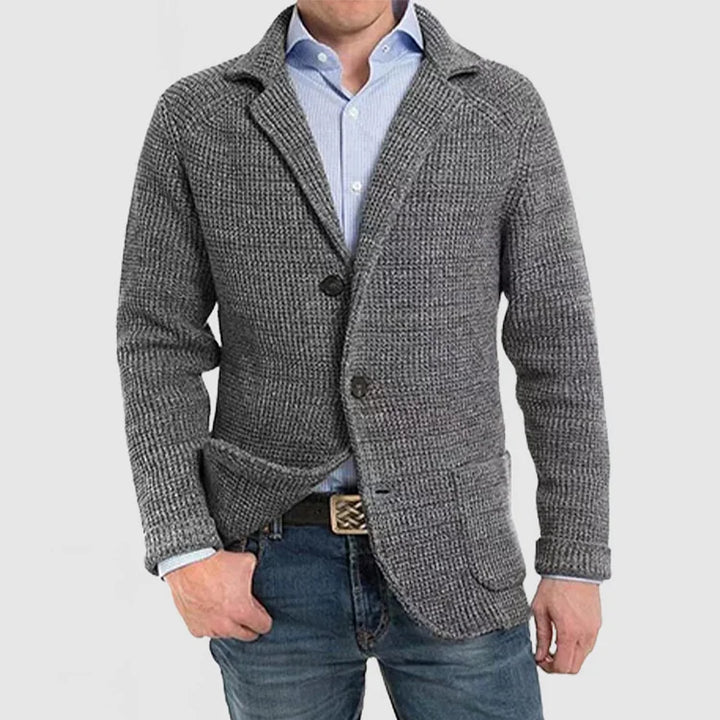 Classic men's blazer, a two-button tailored jacket featuring a defined notch lapel, great for layering.