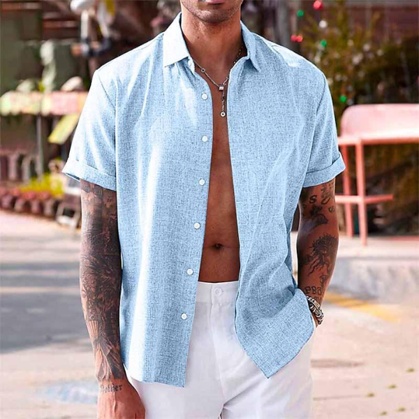 Comfortable men's breathable short sleeve top, stylish for summer, beach trips, or resort holidays.