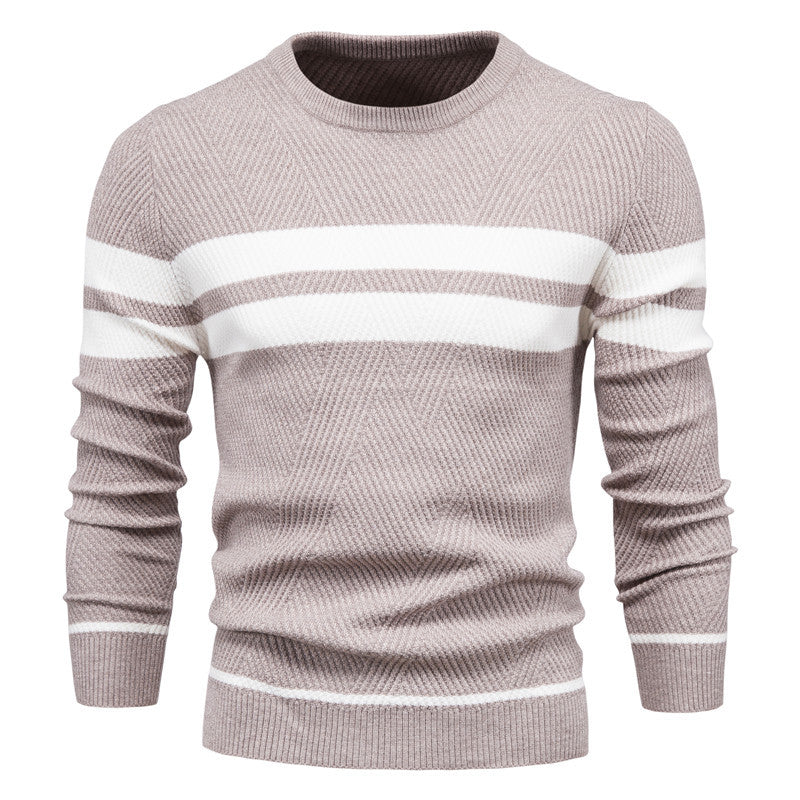 Versatile men's striped crew neck sweater, perfect for layering or stand-alone casual style.