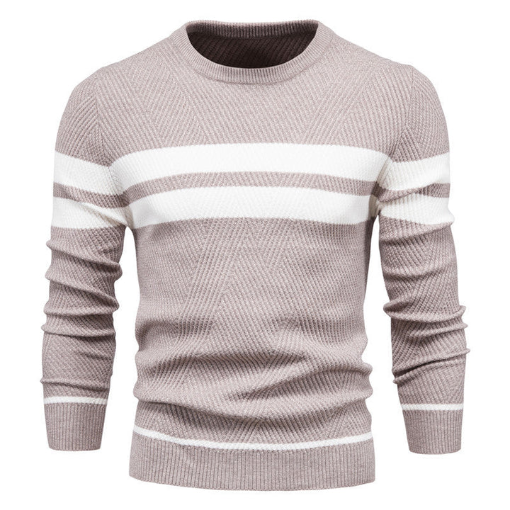 Versatile men's striped crew neck sweater, perfect for layering or stand-alone casual style.