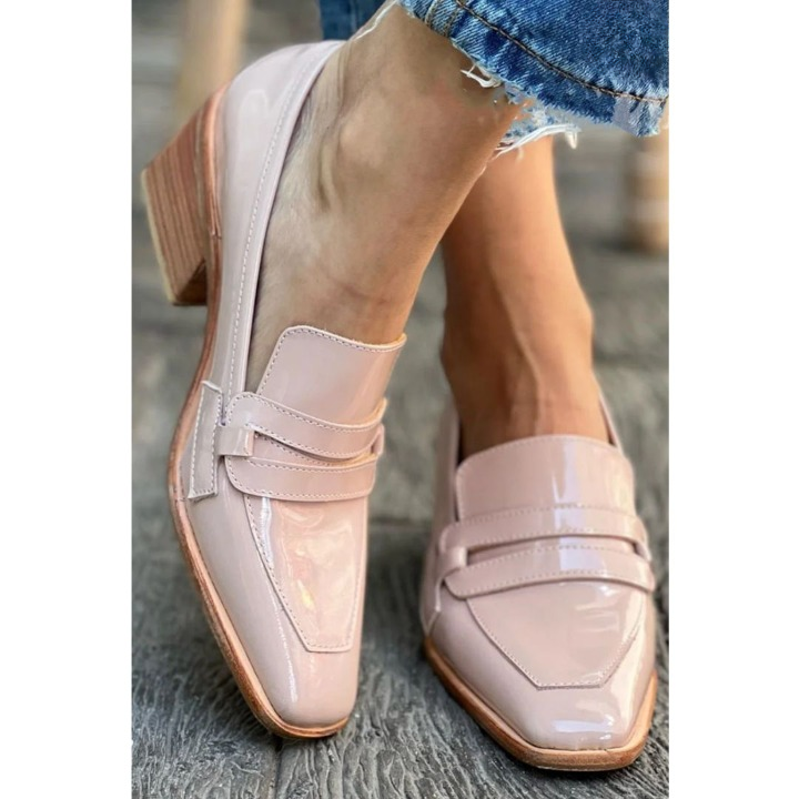 Stylish women's pink patent chunky heel loafers, featuring a modern square toe. Ideal for dress & fashion.