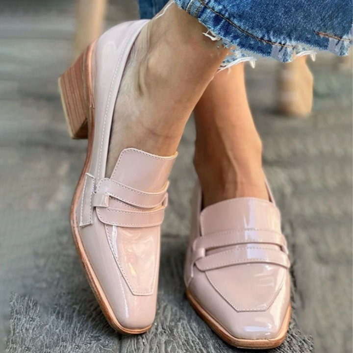 Chic pink patent loafers for women with a comfortable chunky heel & elegant square toe. Versatile dress shoes.
