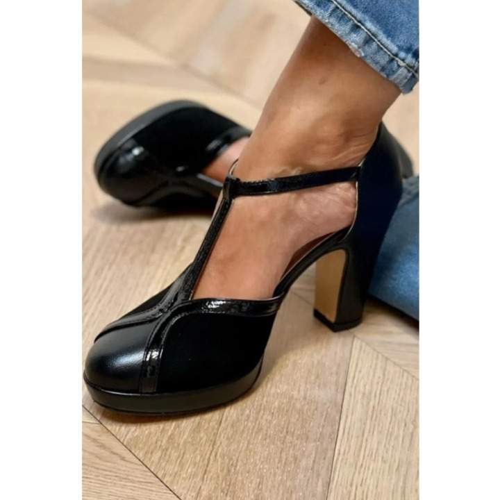Elegant women's black T-strap heels. Perfect dress shoes for formal events, parties, or evening wear with all-day comfort.