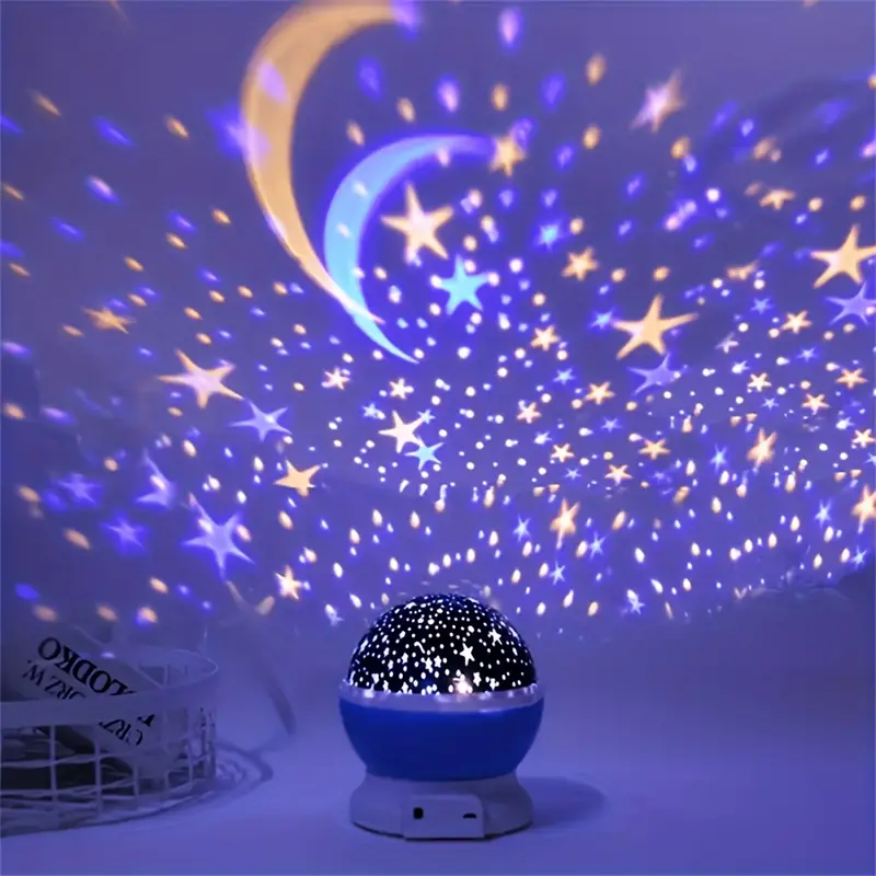 LED rotating star projector night light, projecting a comforting celestial display onto children's room ceilings.