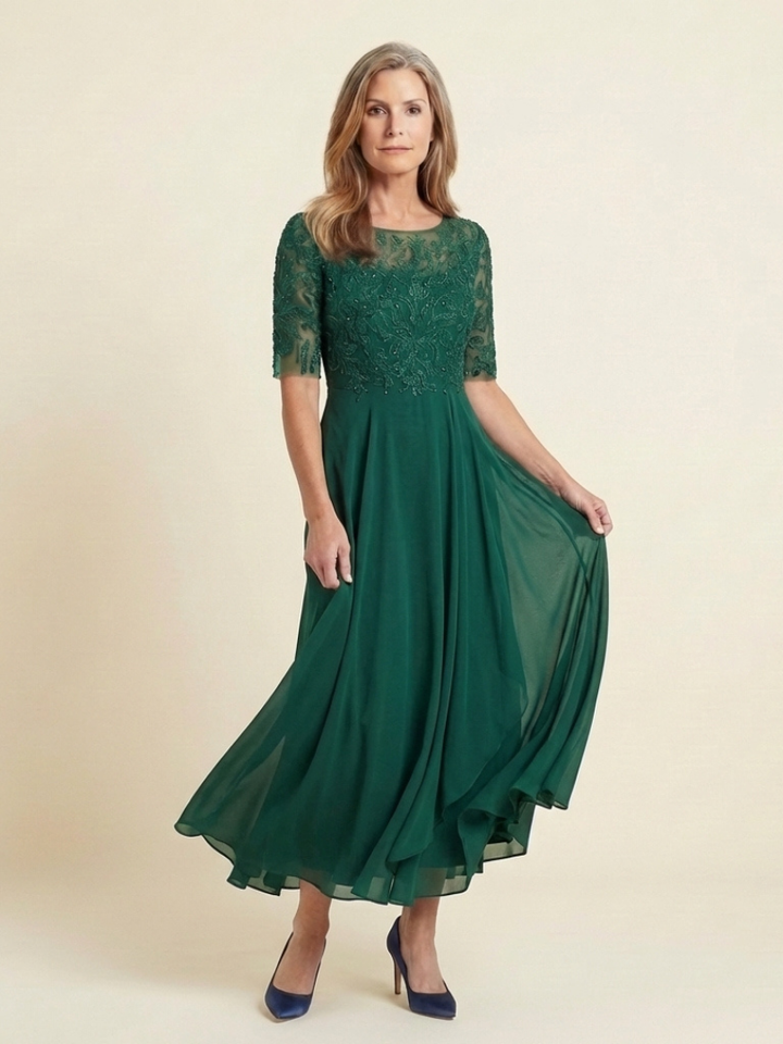 Sophisticated women's elegant lace midi dress. Three-quarter sleeves offer comfort & style for evening wear.