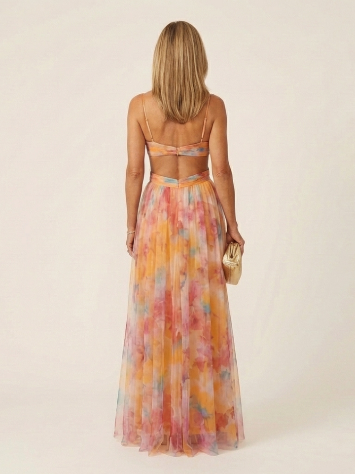 Flowing V neck maxi dress for women, featuring a sleeveless design and delicate pleats, versatile for events.