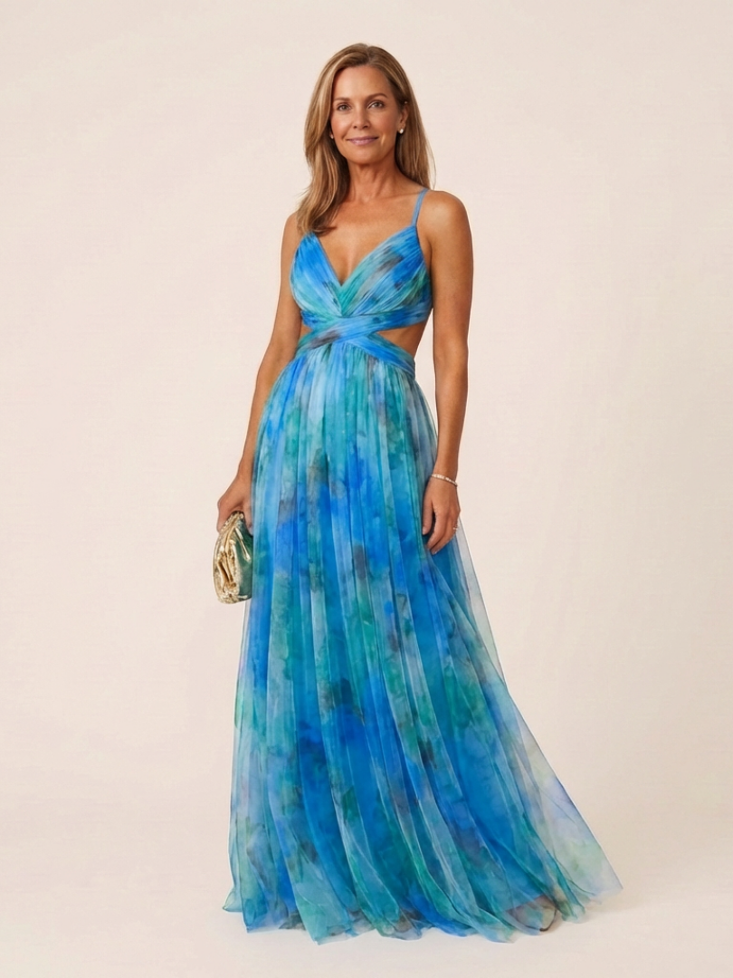 Stylish women's sleeveless V neck pleated maxi dress; a perfect elegant summer or occasion outfit.