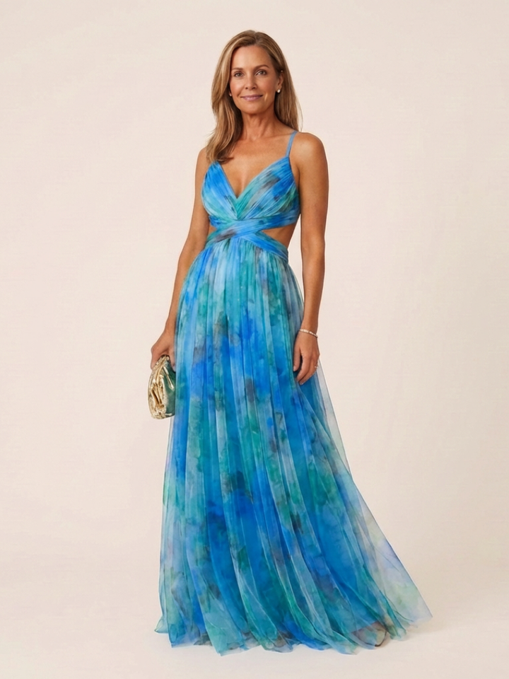 Stylish women's sleeveless V neck pleated maxi dress; a perfect elegant summer or occasion outfit.