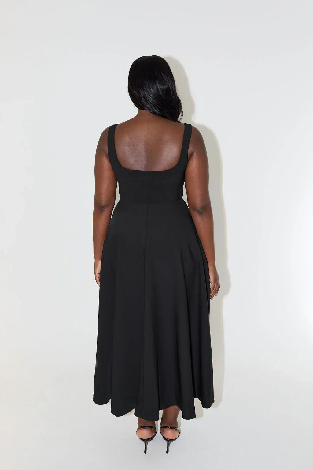 Comfortable women's summer dress: high waist, square neck, midi length. Elegant & fashionable.