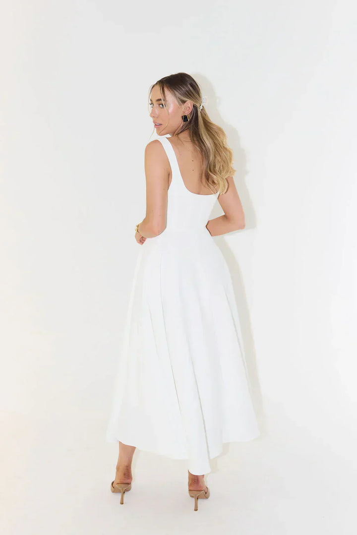 Elegant women's high waist midi dress with a unique square neck, suitable for summer and versatile.