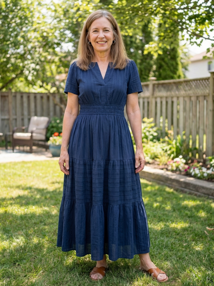 Women's short sleeve tiered maxi dress with smocked waist, perfect for comfortable summer fashion & casual wear.