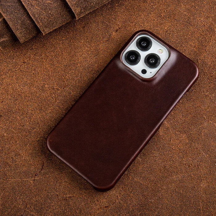 Smooth leather back of a shock-absorbing, protective, durable iPhone case.