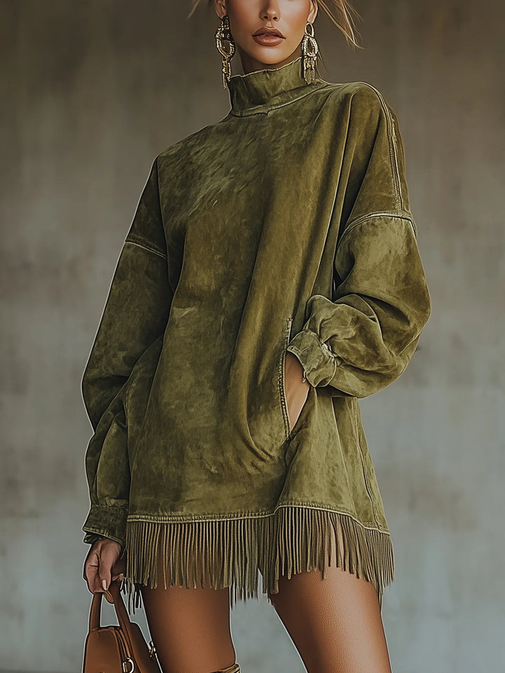 Women's elegant long sleeve fringe turtleneck mini dress, perfect for stylish fall & winter fashion.
