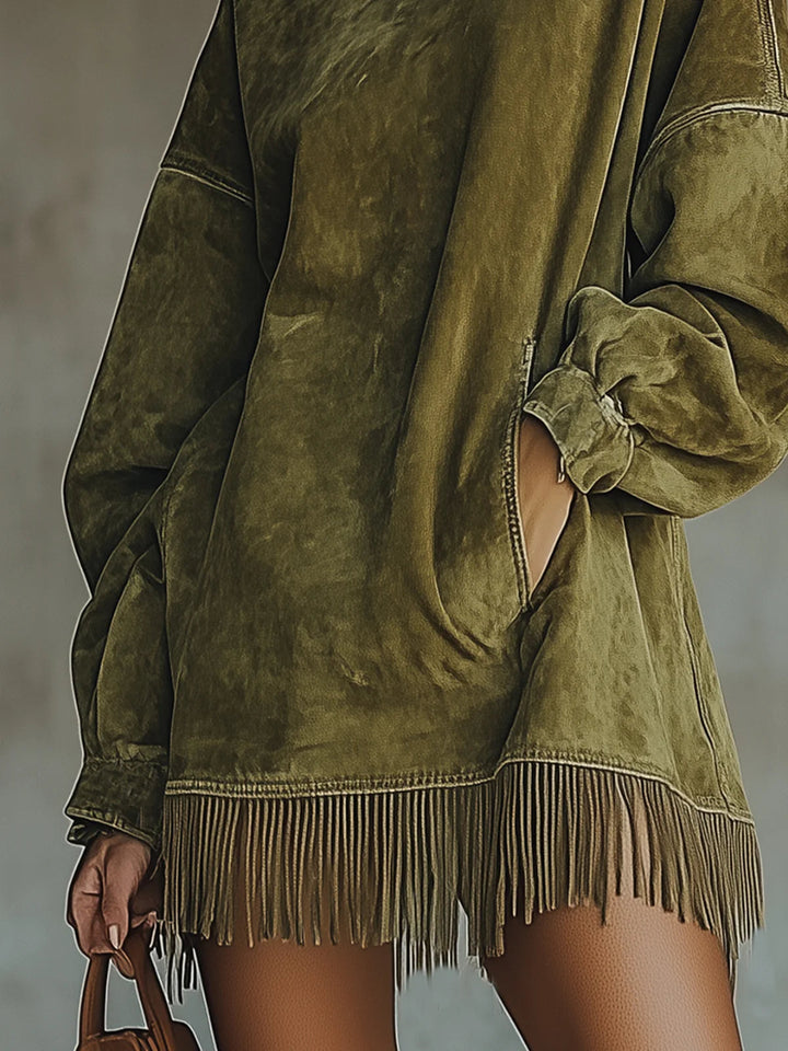 Chic women's fringe turtleneck mini dress, combining comfort and style for fall & winter fashion.