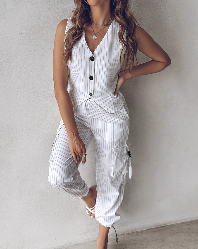 Lightweight women's striped 2-piece suit set for summer, featuring a smart vest, top & comfy pants.
