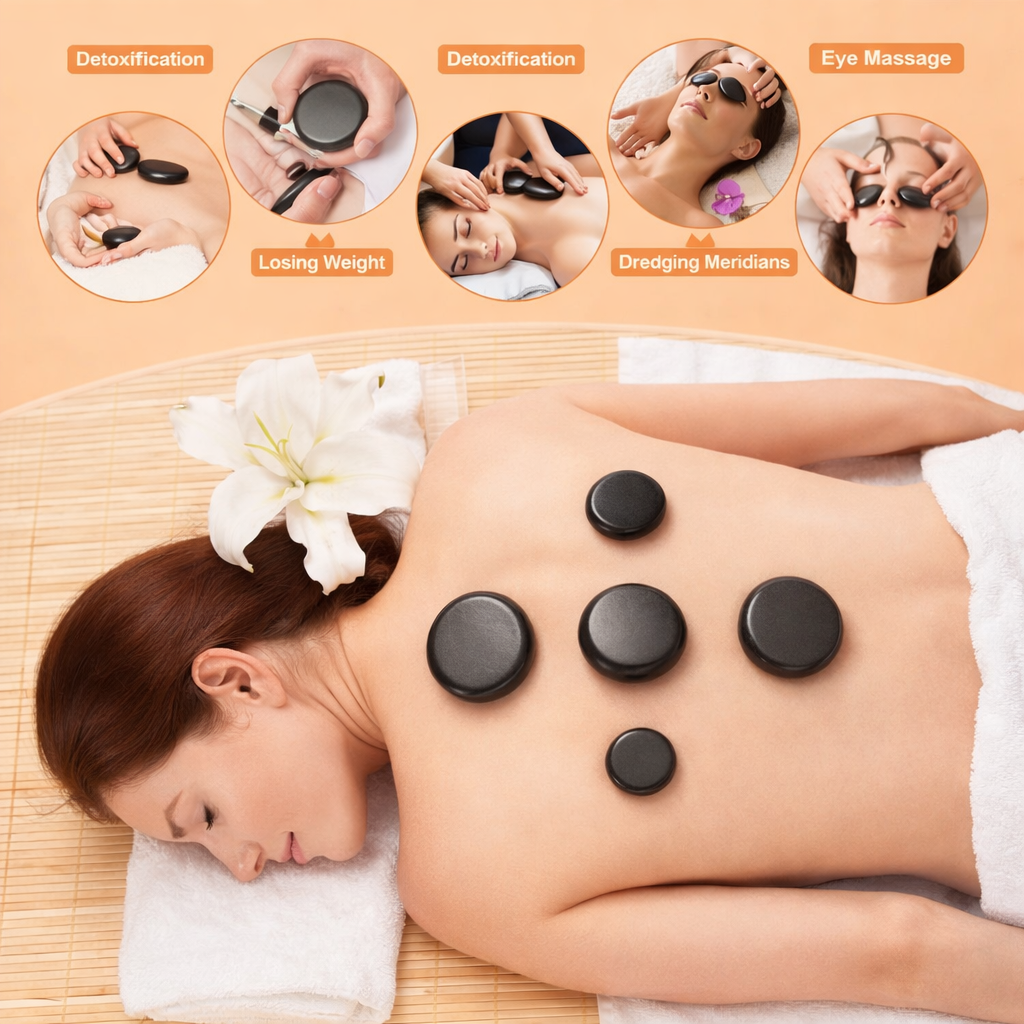 Deluxe hot stone therapy kit, including heater and smooth natural stones, for professional muscle relief.
