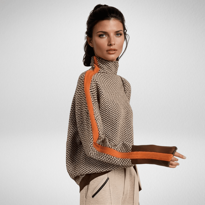 Women's elegant contrast stripe pullover sweater. Stylish long-sleeve knit top for a chic, cozy, and fashionable look.