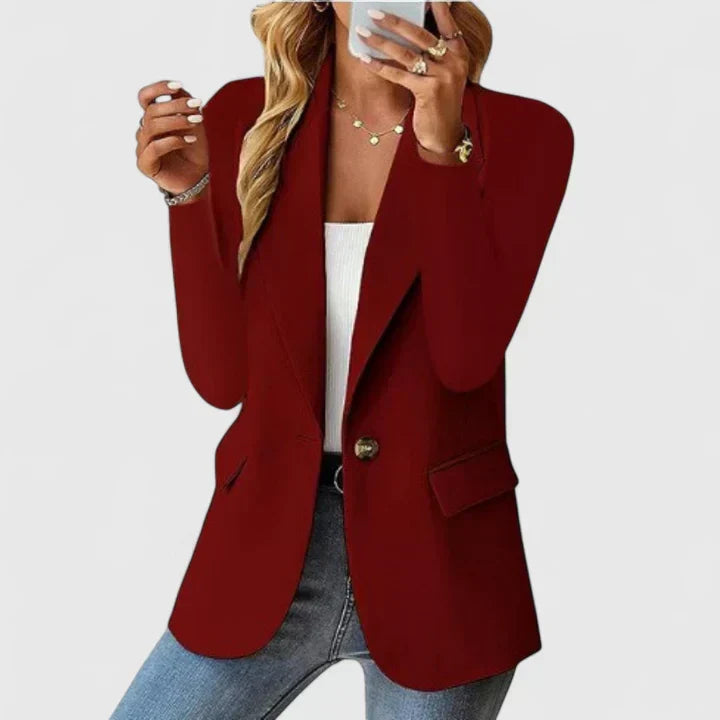 Sophisticated women's tailored blazer, single button and lapel design, excellent professional outerwear.