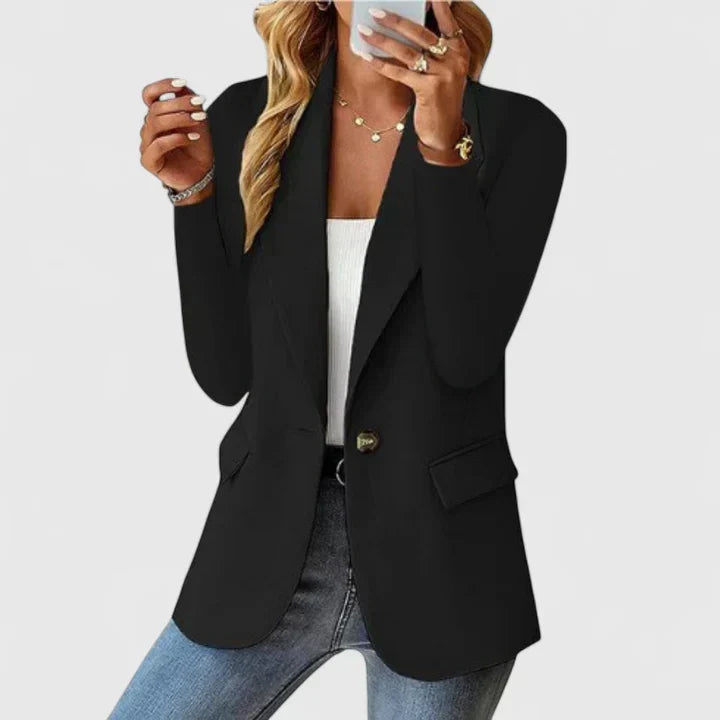 Women's lapel single button blazer, tailored long sleeve jacket for office, professional or stylish casual wear.