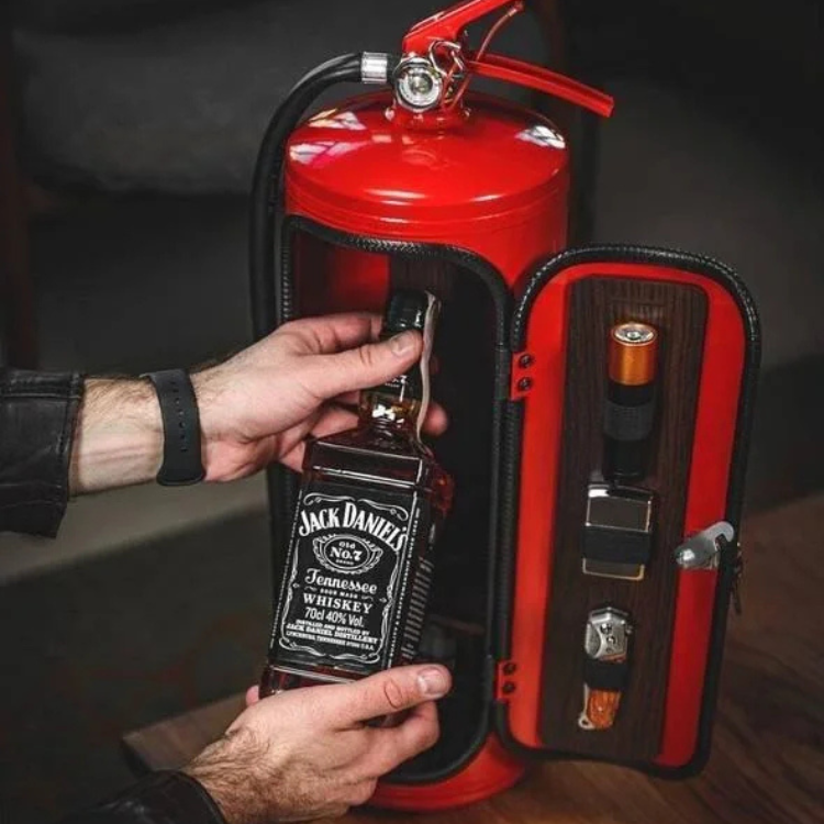 Hidden bar in a fire extinguisher design, perfect for secret alcohol storage & home decor.