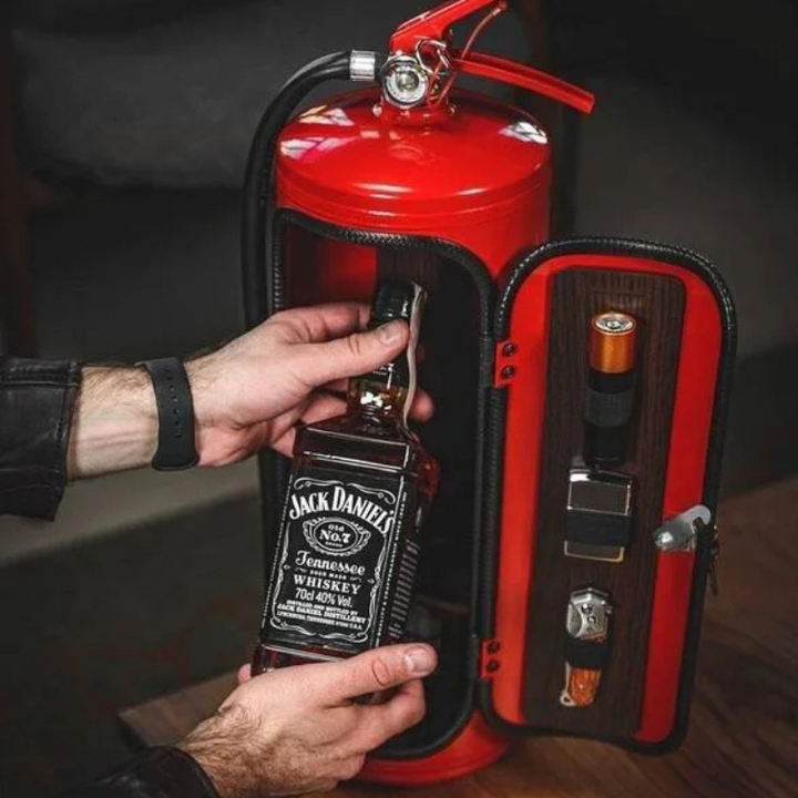Hidden bar in a fire extinguisher design, perfect for secret alcohol storage & home decor.