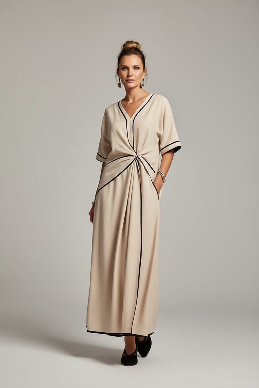 Comfortable women's relaxed midi dress, versatile for summer. Features a chic draped waist and easy fit.