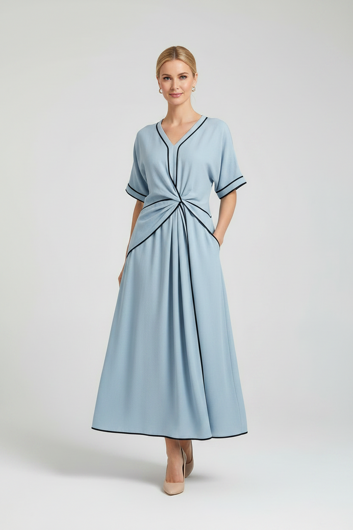 Women's elegant relaxed fit midi dress with a flattering draped waist and stylish V-neck. Perfect for casual.