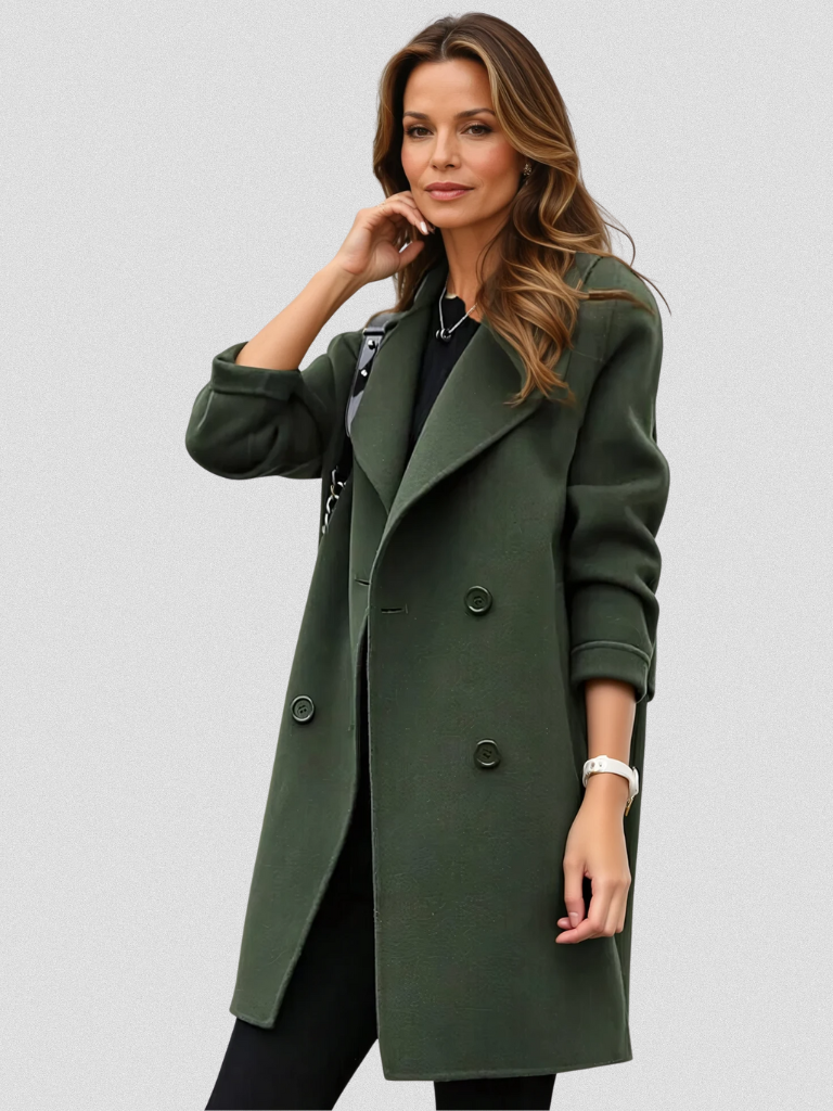 Women's elegant double-breasted longline coat, stylish fall & winter outerwear for sophisticated looks.