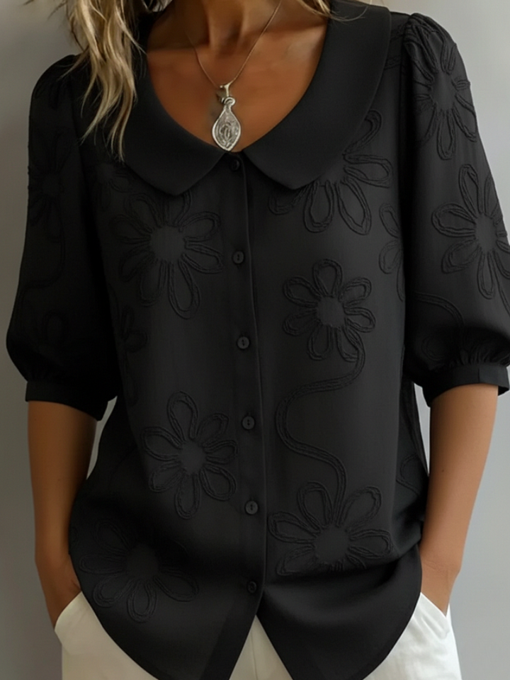 Summer short sleeve floral embroidered blouse, women's button-down top, round neck, for casual elegance.