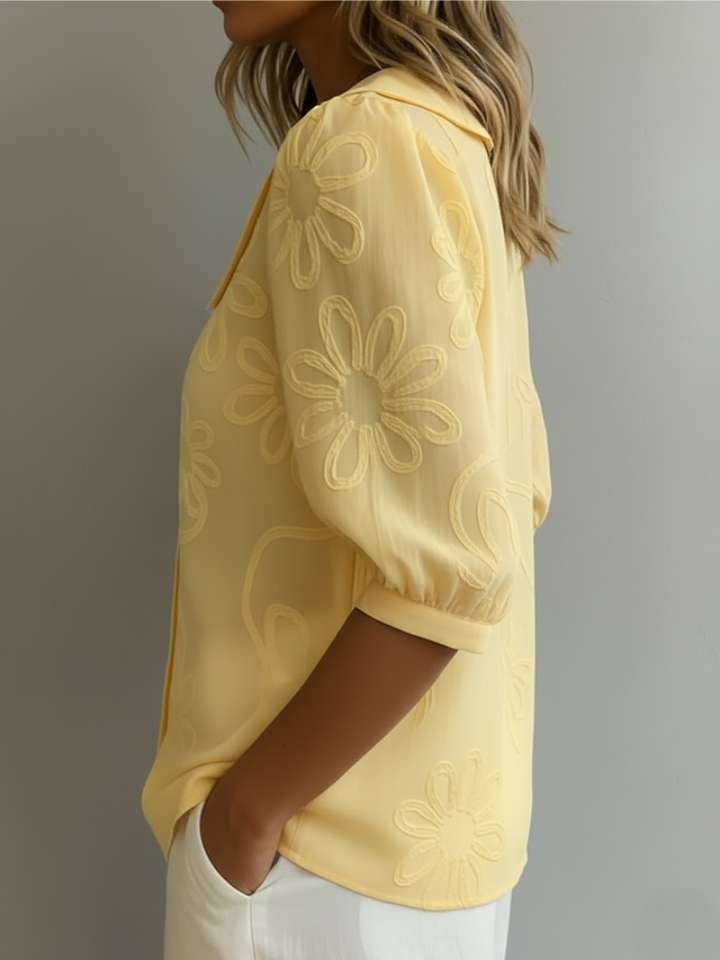Embroidered floral women's blouse, button-down short sleeve top, perfect for casual summer elegance.